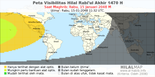 HilalMap: Peta Visibilitas Hilal Rabiul-Akhir 1470 H: rukyat tanggal 2048-1-15 M