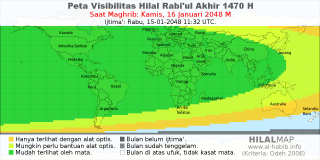 HilalMap: Peta Visibilitas Hilal Rabiul-Akhir 1470 H: rukyat tanggal 2048-1-16 M