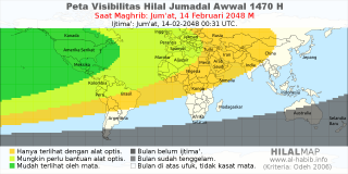 HilalMap: Peta Visibilitas Hilal Jumadal-Awwal 1470 H: rukyat tanggal 2048-2-14 M
