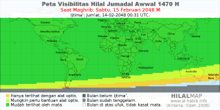 HilalMap: Peta Visibilitas Hilal Jumadal-Awwal 1470 H: rukyat tanggal 2048-2-15 M