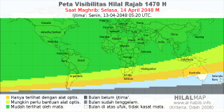 HilalMap: Peta Visibilitas Hilal Rajab 1470 H: rukyat tanggal 2048-4-14 M