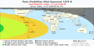 HilalMap: Peta Visibilitas Hilal Syawwal 1470 H: rukyat tanggal 2048-7-11 M