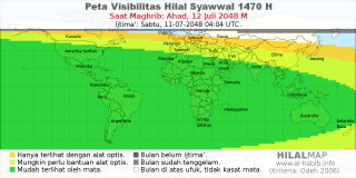 HilalMap: Peta Visibilitas Hilal Syawwal 1470 H: rukyat tanggal 2048-7-12 M