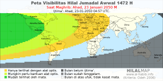 HilalMap: Peta Visibilitas Hilal Jumadal-Awwal 1472 H: rukyat tanggal 2050-1-23 M