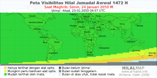 HilalMap: Peta Visibilitas Hilal Jumadal-Awwal 1472 H: rukyat tanggal 2050-1-24 M