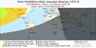 HilalMap: Peta Visibilitas Hilal Jumadal-Akhirah 1472 H: rukyat tanggal 2050-2-21 M