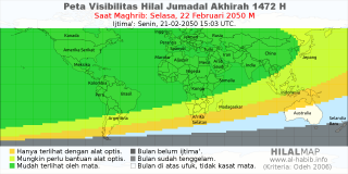 HilalMap: Peta Visibilitas Hilal Jumadal-Akhirah 1472 H: rukyat tanggal 2050-2-22 M