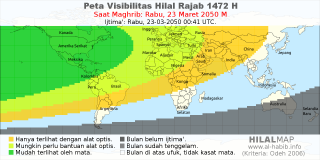 HilalMap: Peta Visibilitas Hilal Rajab 1472 H: rukyat tanggal 2050-3-23 M