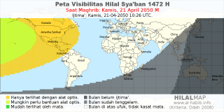 HilalMap: Peta Visibilitas Hilal Syaban 1472 H: rukyat tanggal 2050-4-21 M