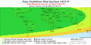 HilalMap: Peta Visibilitas Hilal Syaban 1472 H: rukyat tanggal 2050-4-22 M