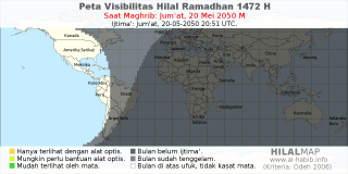 HilalMap: Peta Visibilitas Hilal Ramadhan 1472 H: rukyat tanggal 2050-5-20 M