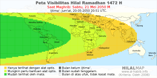 HilalMap: Peta Visibilitas Hilal Ramadhan 1472 H: rukyat tanggal 2050-5-21 M