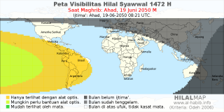 HilalMap: Peta Visibilitas Hilal Syawwal 1472 H: rukyat tanggal 2050-6-19 M