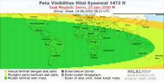 HilalMap: Peta Visibilitas Hilal Syawwal 1472 H: rukyat tanggal 2050-6-20 M
