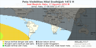 HilalMap: Peta Visibilitas Hilal Dzulhijjah 1472 H: rukyat tanggal 2050-8-17 M