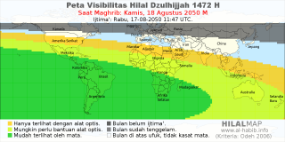 HilalMap: Peta Visibilitas Hilal Dzulhijjah 1472 H: rukyat tanggal 2050-8-18 M