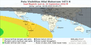 HilalMap: Peta Visibilitas Hilal Muharram 1473 H: rukyat tanggal 2050-9-16 M