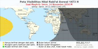 HilalMap: Peta Visibilitas Hilal Rabiul-Awwal 1473 H: rukyat tanggal 2050-11-14 M
