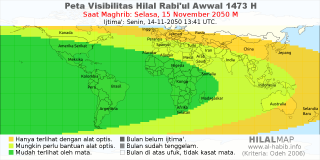 HilalMap: Peta Visibilitas Hilal Rabiul-Awwal 1473 H: rukyat tanggal 2050-11-15 M