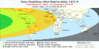 HilalMap: Peta Visibilitas Hilal Rabiul-Akhir 1473 H: rukyat tanggal 2050-12-14 M
