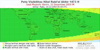 HilalMap: Peta Visibilitas Hilal Rabiul-Akhir 1473 H: rukyat tanggal 2050-12-15 M