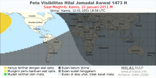 HilalMap: Peta Visibilitas Hilal Jumadal-Awwal 1473 H: rukyat tanggal 2051-1-12 M