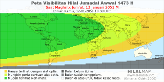 HilalMap: Peta Visibilitas Hilal Jumadal-Awwal 1473 H: rukyat tanggal 2051-1-13 M