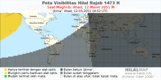HilalMap: Peta Visibilitas Hilal Rajab 1473 H: rukyat tanggal 2051-3-12 M