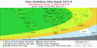 HilalMap: Peta Visibilitas Hilal Rajab 1473 H: rukyat tanggal 2051-3-13 M