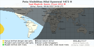 HilalMap: Peta Visibilitas Hilal Syawwal 1473 H: rukyat tanggal 2051-6-8 M