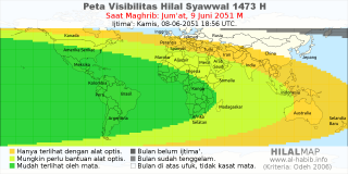 HilalMap: Peta Visibilitas Hilal Syawwal 1473 H: rukyat tanggal 2051-6-9 M