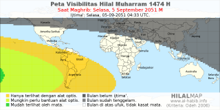 HilalMap: Peta Visibilitas Hilal Muharram 1474 H: rukyat tanggal 2051-9-5 M
