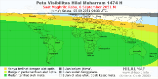 HilalMap: Peta Visibilitas Hilal Muharram 1474 H: rukyat tanggal 2051-9-6 M
