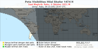 HilalMap: Peta Visibilitas Hilal Shafar 1474 H: rukyat tanggal 2051-10-4 M