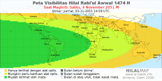 HilalMap: Peta Visibilitas Hilal Rabiul-Awwal 1474 H: rukyat tanggal 2051-11-4 M
