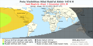 HilalMap: Peta Visibilitas Hilal Rabiul-Akhir 1474 H: rukyat tanggal 2051-12-3 M