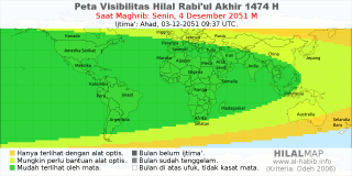 HilalMap: Peta Visibilitas Hilal Rabiul-Akhir 1474 H: rukyat tanggal 2051-12-4 M