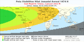 HilalMap: Peta Visibilitas Hilal Jumadal-Awwal 1474 H: rukyat tanggal 2052-1-2 M