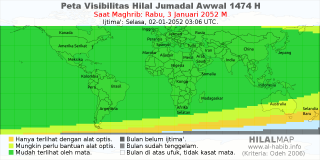 HilalMap: Peta Visibilitas Hilal Jumadal-Awwal 1474 H: rukyat tanggal 2052-1-3 M
