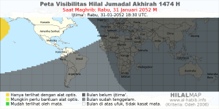 HilalMap: Peta Visibilitas Hilal Jumadal-Akhirah 1474 H: rukyat tanggal 2052-1-31 M