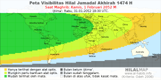 HilalMap: Peta Visibilitas Hilal Jumadal-Akhirah 1474 H: rukyat tanggal 2052-2-1 M