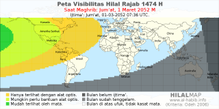 HilalMap: Peta Visibilitas Hilal Rajab 1474 H: rukyat tanggal 2052-3-1 M