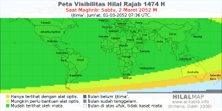 HilalMap: Peta Visibilitas Hilal Rajab 1474 H: rukyat tanggal 2052-3-2 M