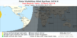 HilalMap: Peta Visibilitas Hilal Syaban 1474 H: rukyat tanggal 2052-3-30 M