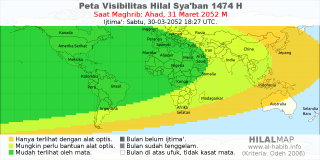 HilalMap: Peta Visibilitas Hilal Syaban 1474 H: rukyat tanggal 2052-3-31 M
