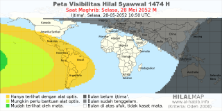 HilalMap: Peta Visibilitas Hilal Syawwal 1474 H: rukyat tanggal 2052-5-28 M
