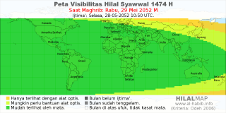 HilalMap: Peta Visibilitas Hilal Syawwal 1474 H: rukyat tanggal 2052-5-29 M
