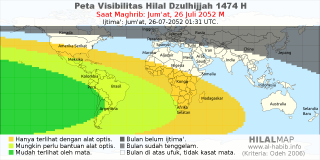 HilalMap: Peta Visibilitas Hilal Dzulhijjah 1474 H: rukyat tanggal 2052-7-26 M