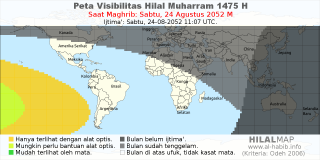 HilalMap: Peta Visibilitas Hilal Muharram 1475 H: rukyat tanggal 2052-8-24 M
