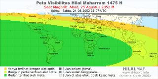 HilalMap: Peta Visibilitas Hilal Muharram 1475 H: rukyat tanggal 2052-8-25 M